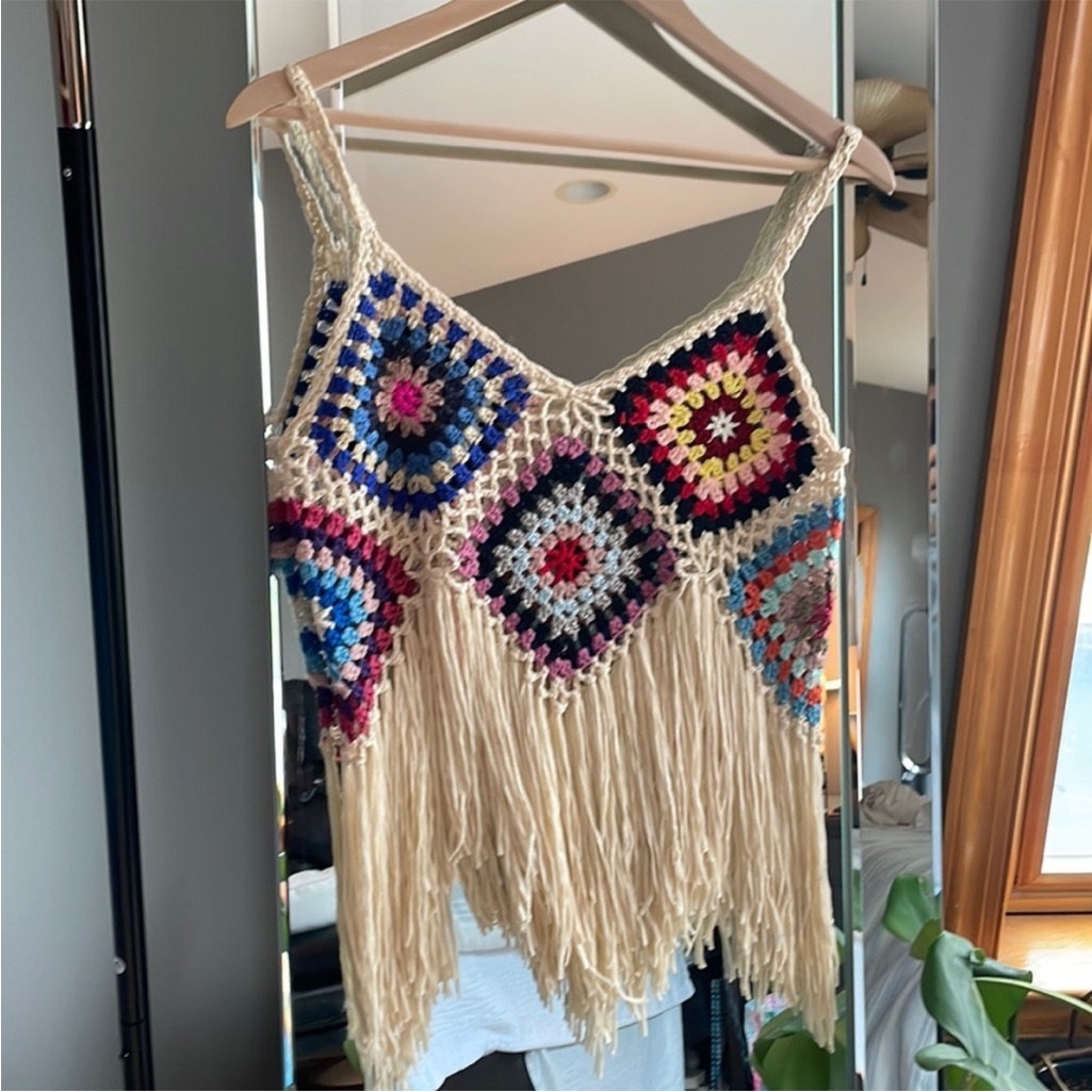 Vintage Multicolor Crochet Fringe Top